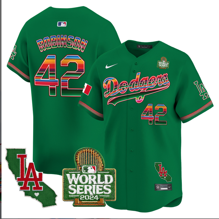 Men MLB Mexico Los Angeles Dodgers #42 Robinson green 2024 World Series Champions Patch Jersey 20241105->los angeles dodgers->MLB Jersey